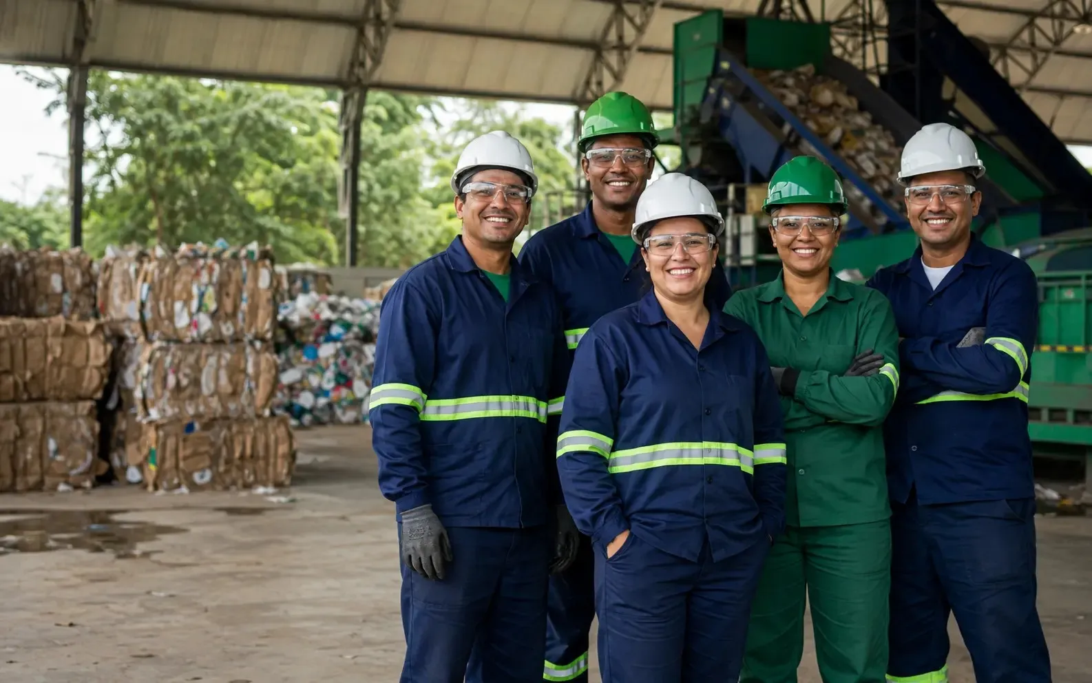 Equipe em uma unidade moderna de reciclagem